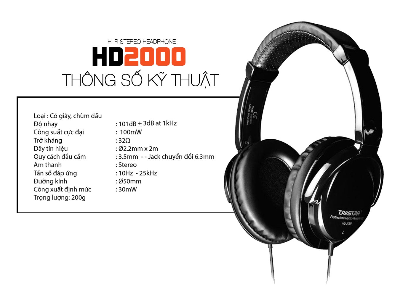 Tai nghe kiểm âm Takstar HD2000, headphone Studio livestream cực chuẩn