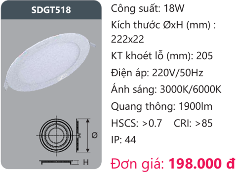 ĐÈN LED DOWNLIGHT ÂM TRẦN DUHAL 18W SDGT518 / SDGT 518