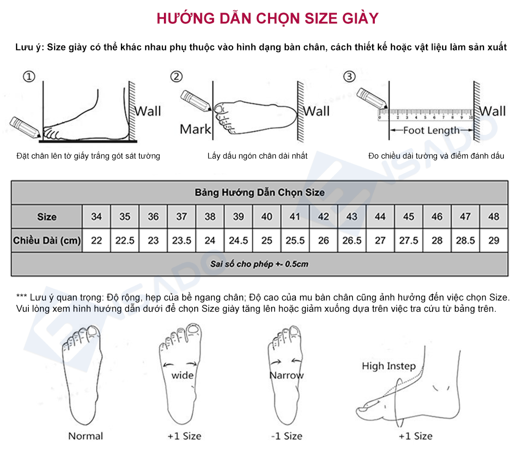 Bảng hướng dẫn chọn size Giày Mọi Nam GM3216 chi tiết