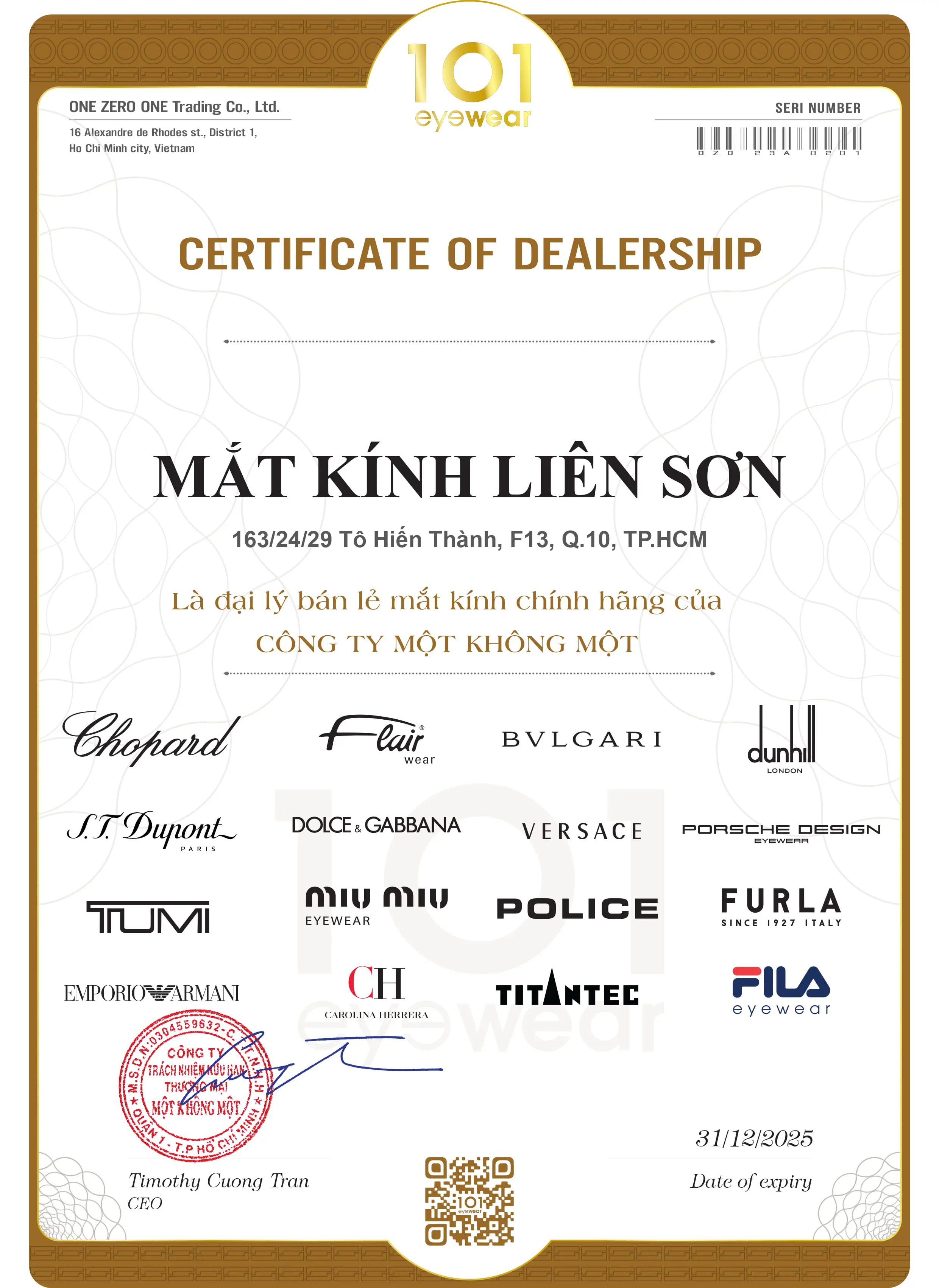 Giấy chứng nhận Luxottica