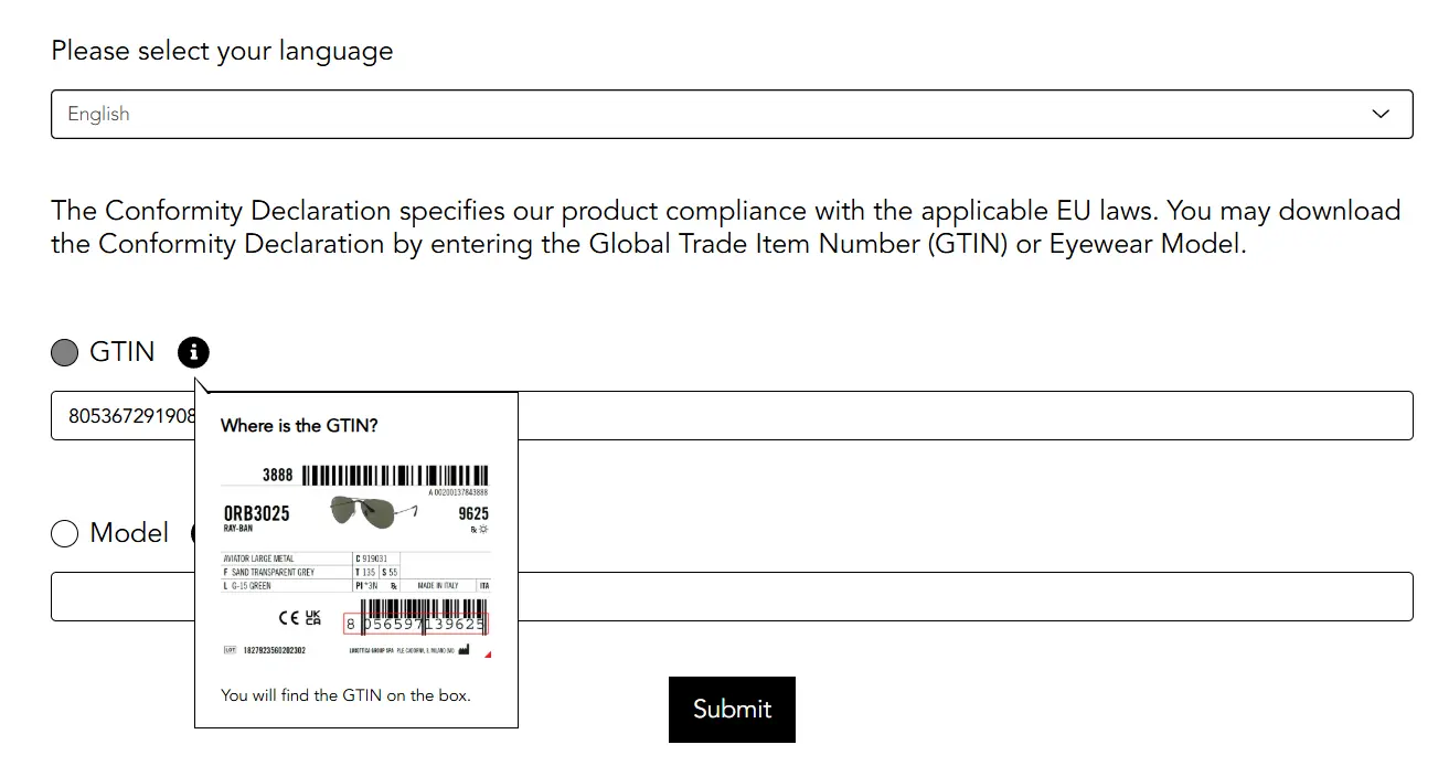 Giao diện kiểm tra mã Rayban và UPC toàn cầu