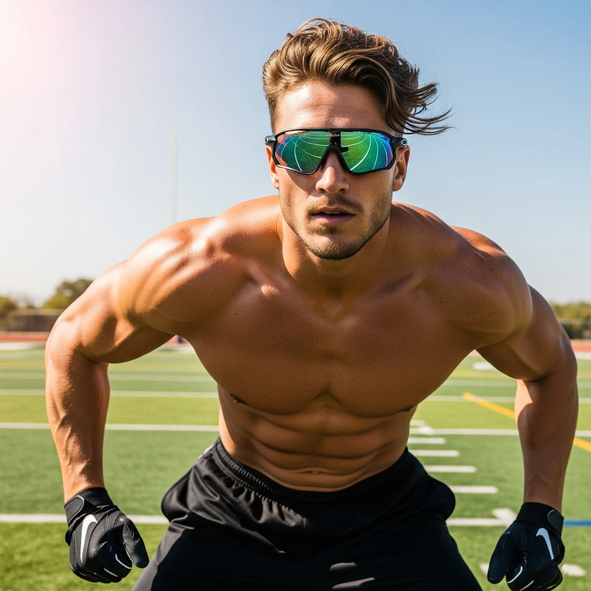 Vận động viên Patrick Mahomes hoặc Kylian Mbappé đeo kính Oakley Meta HSTN trong một bối cảnh thể thao năng động