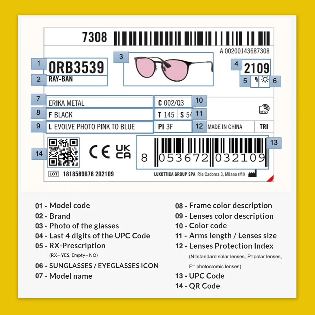 Chi tiết thông tin sản phẩm Rayban trên nhãn