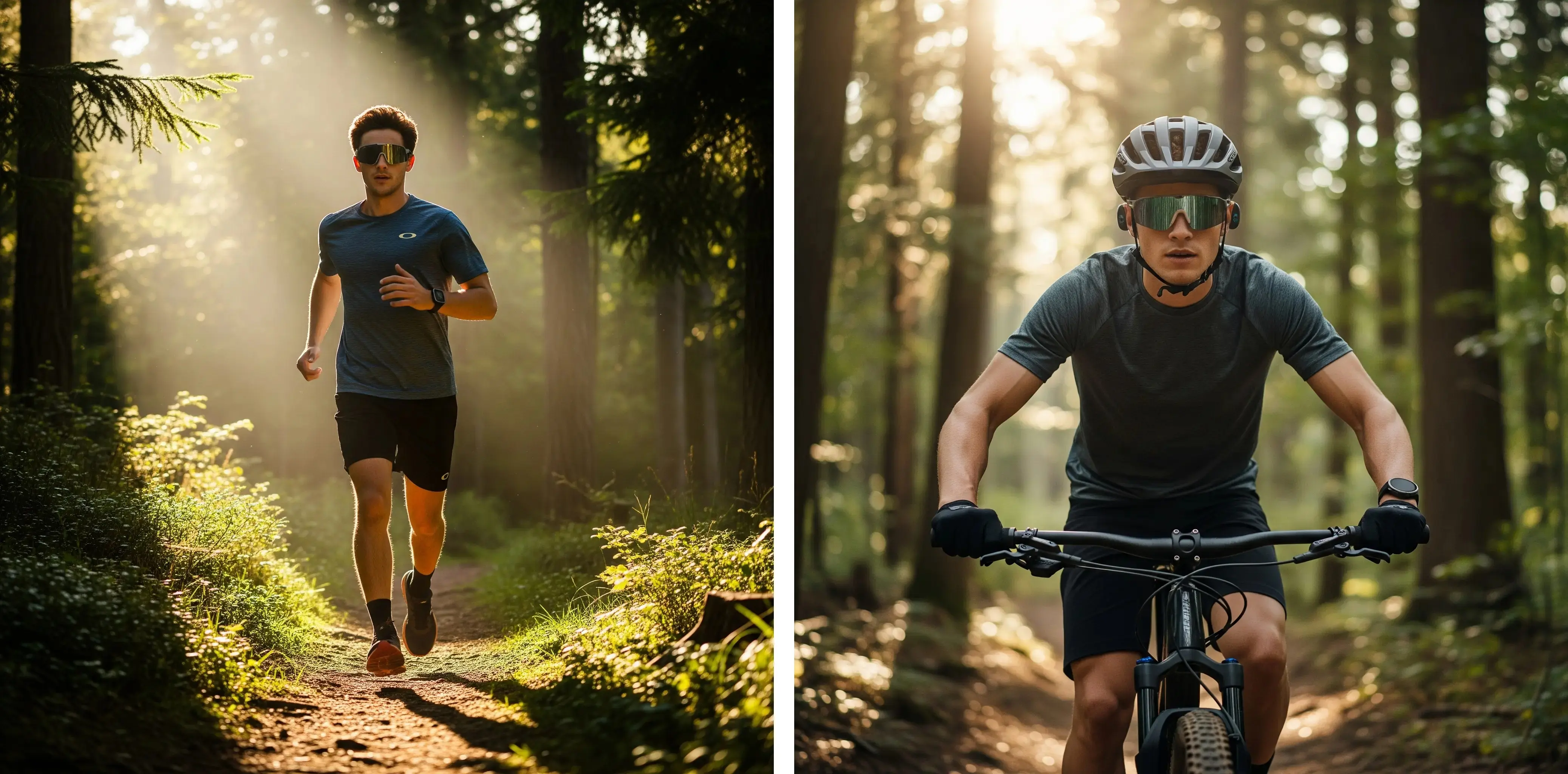 Một người đang đạp xe hoặc chạy bộ trên đường mòn, đeo kính Oakley Meta HSTN, thể hiện trải nghiệm Head-up, Hands-free