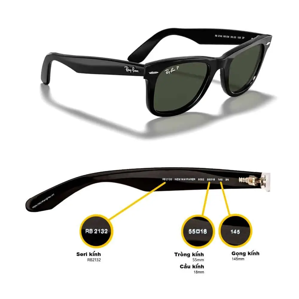 Càng kính Rayban chính hãng chứa đầy đủ thông tin sản phẩm được khắc laser hoặc in chìm