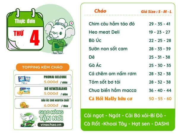 Thực đơn cháo dinh dưỡng thú 4