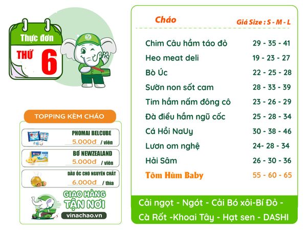 THỰC ĐƠN CHÁO DINH DƯỠNG THỨ 6