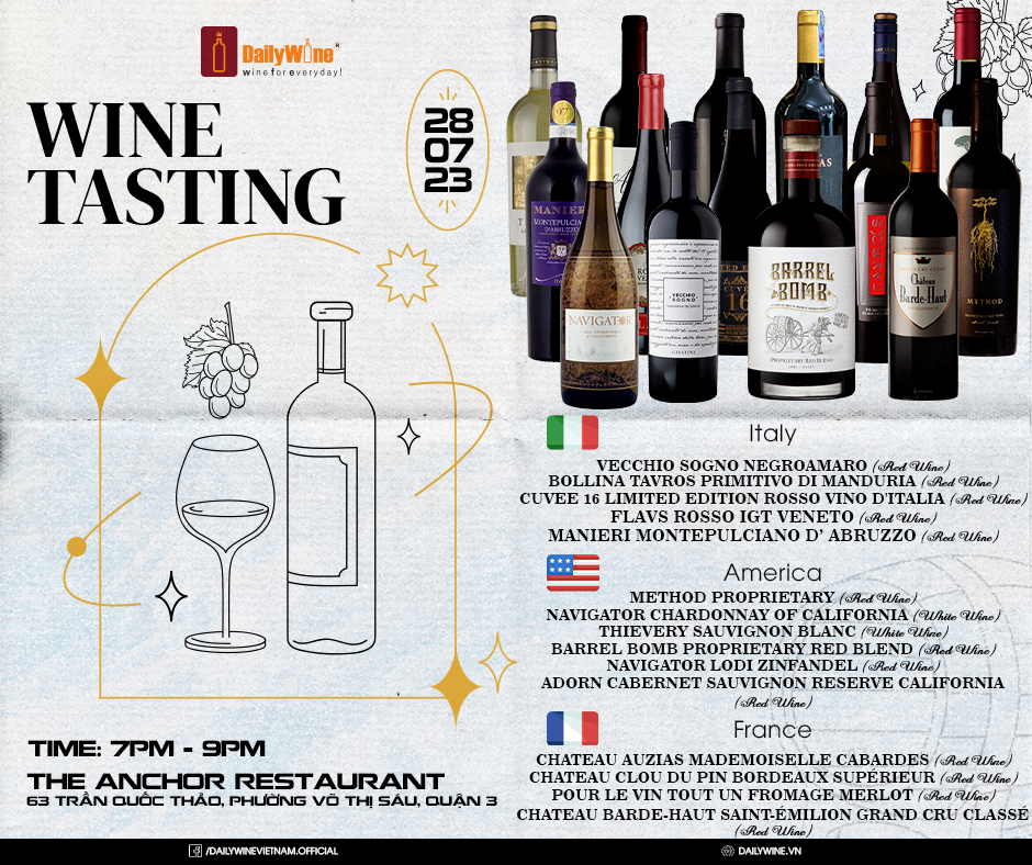 (Tháng 7/2023) Wine Tasting - Uống thử, trải nghiệm thật - Khám phá hương vị của vang Pháp, Ý và Mỹ