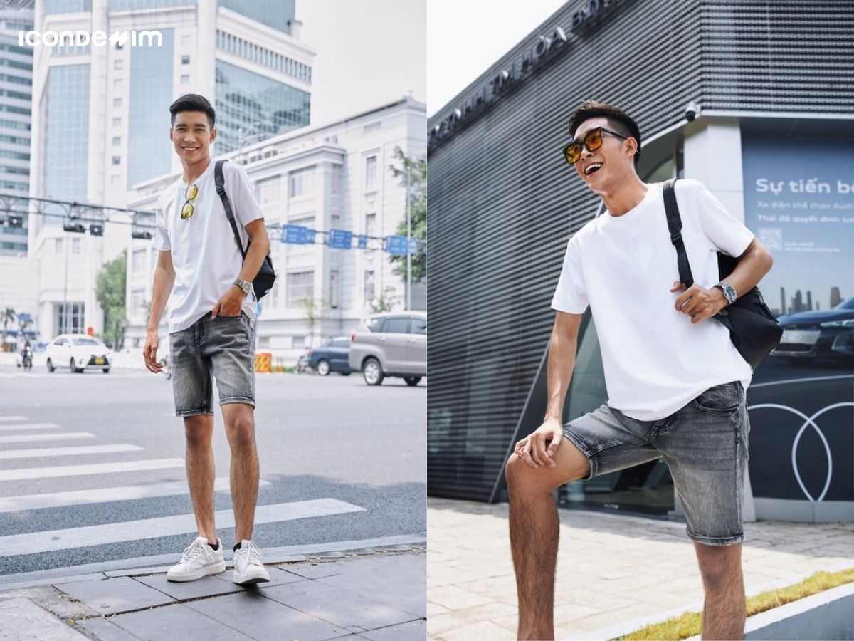 Quần short denim màu xám phối với áo thun trắng trơn