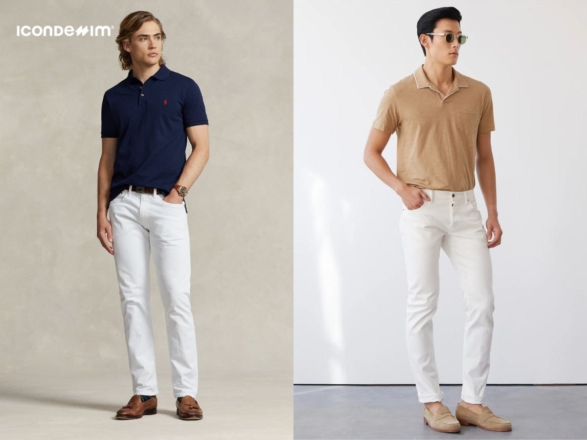 Quần jeans trắng phối với áo polo thanh lịch