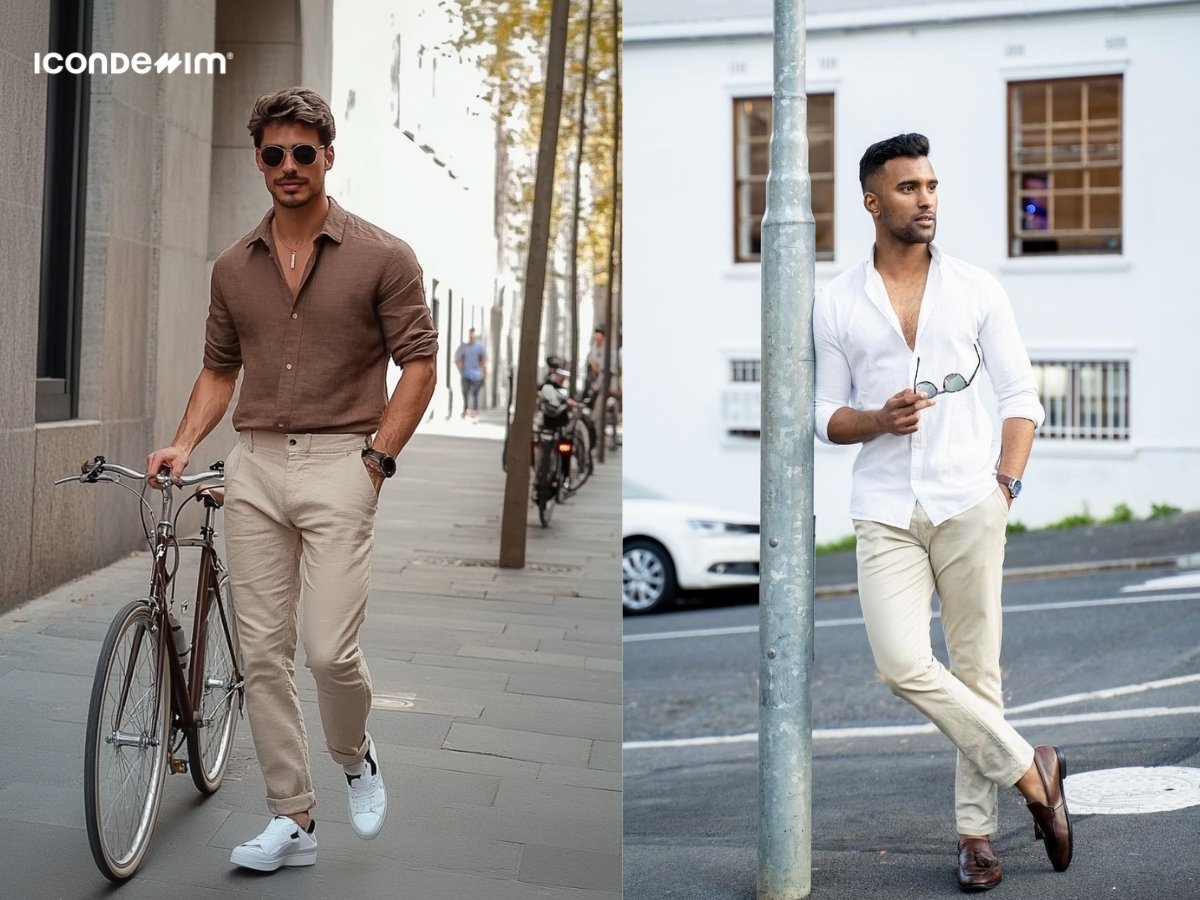 Áo sơ mi vải linen và quần chinos sáng màu sự kết hợp cực ăn ý