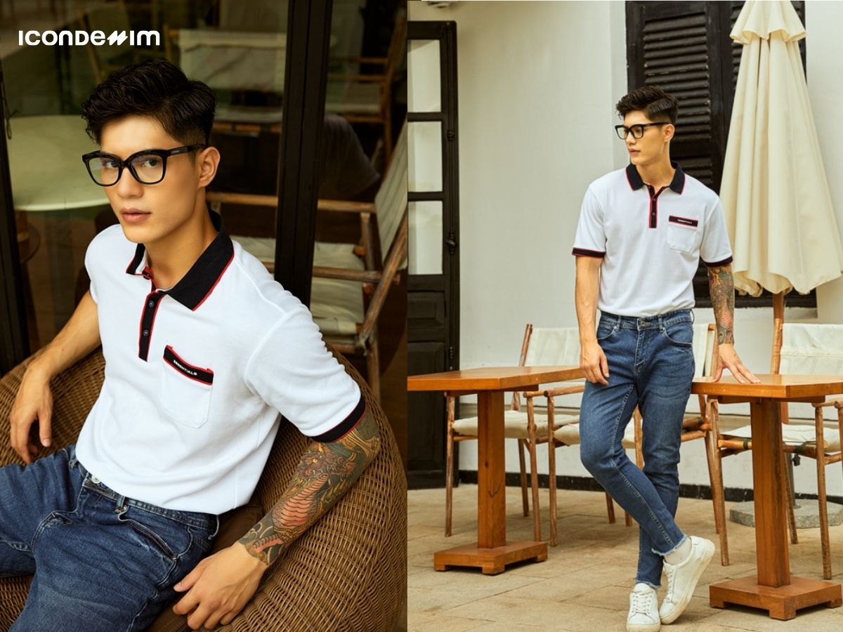 Áo polo màu trắng tinh tế kết hợp với quần jean là outfit dạo phố đầy năng động cho phái nam