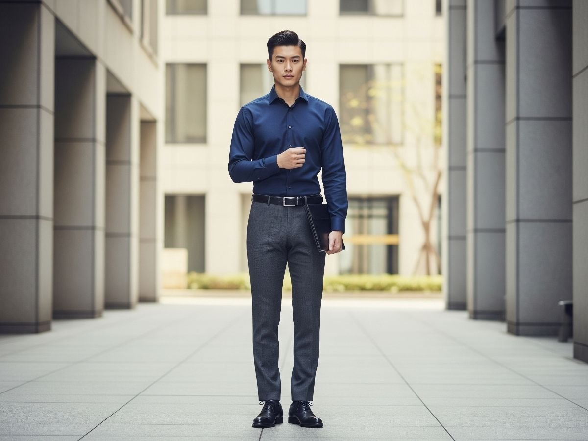 Phối đồ áo sơ mi xanh dương và quần tây xám đậm