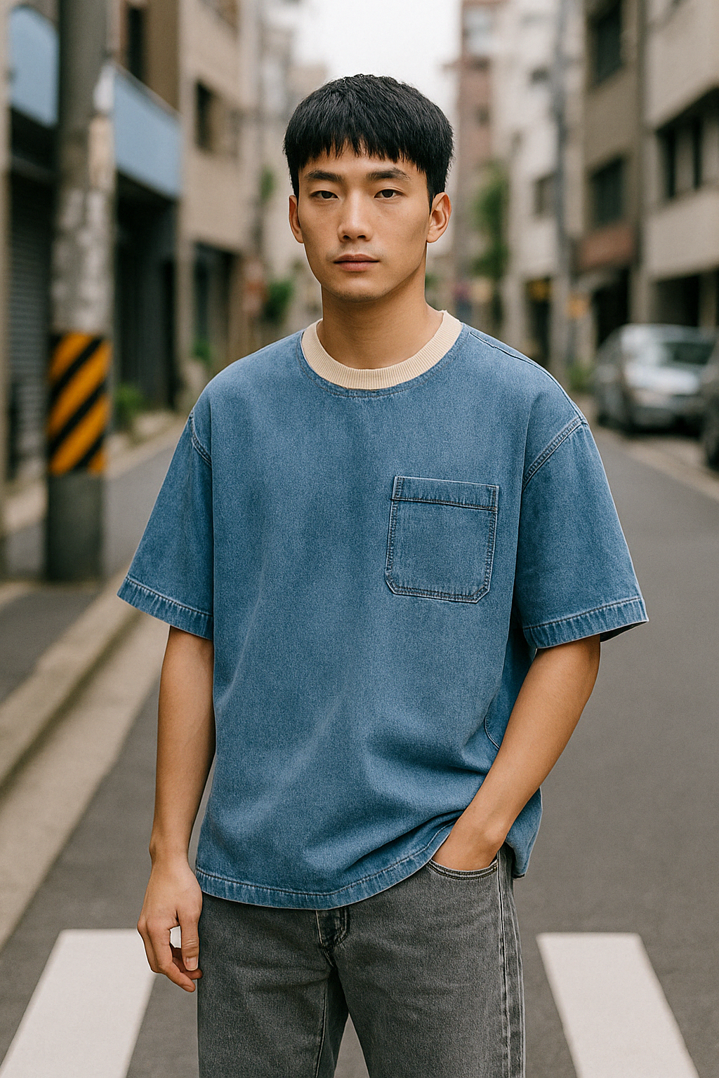 Quần xám phối áo thun phối cổ túi đắp Orgnls Light Blue Wash Form Oversize