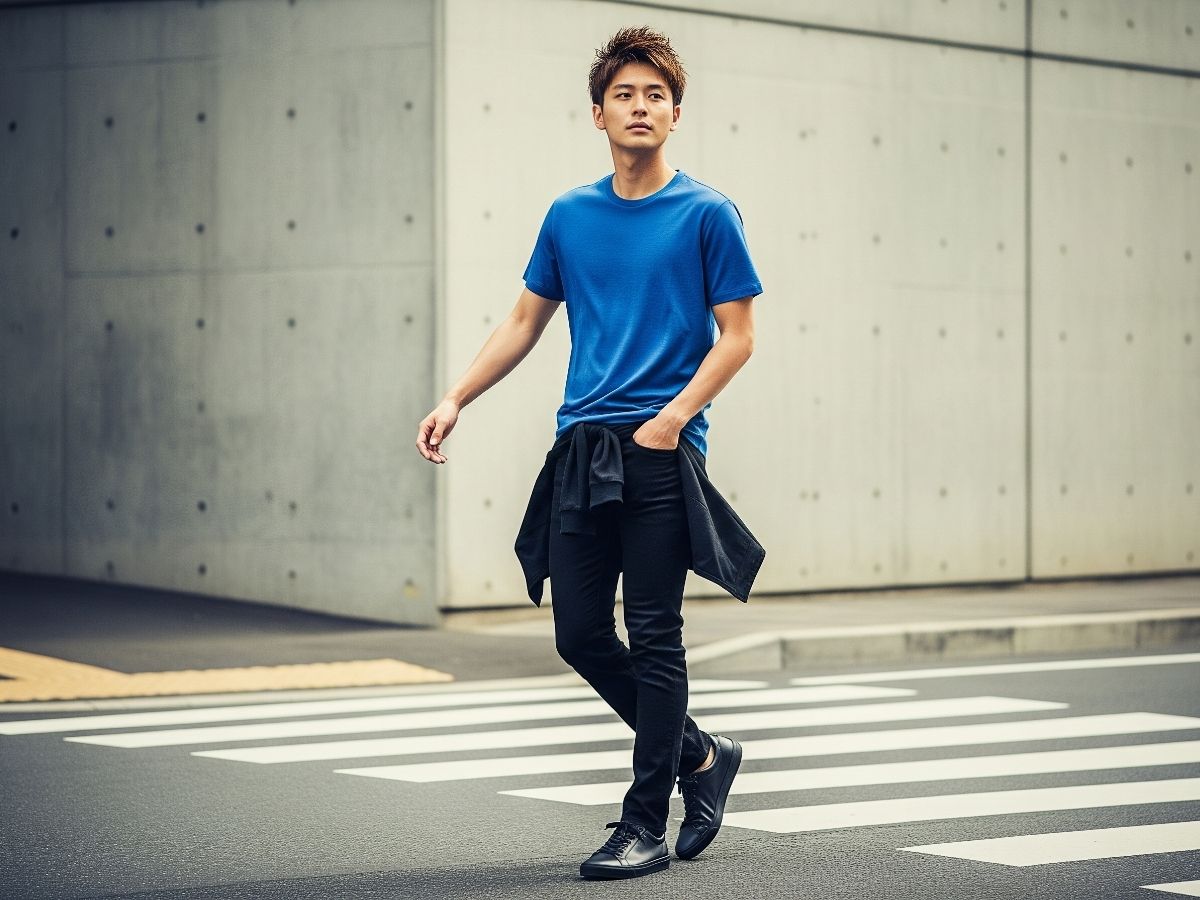 Áo thun xanh cobalt kết hợp với quần jeans đen