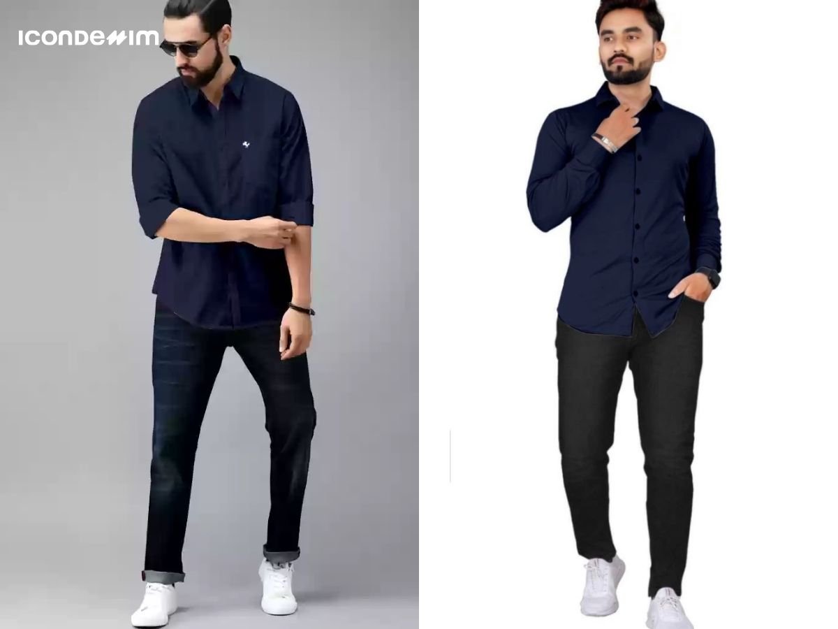 Quần jeans đen ống ôm với áo sơ mi xanh navy