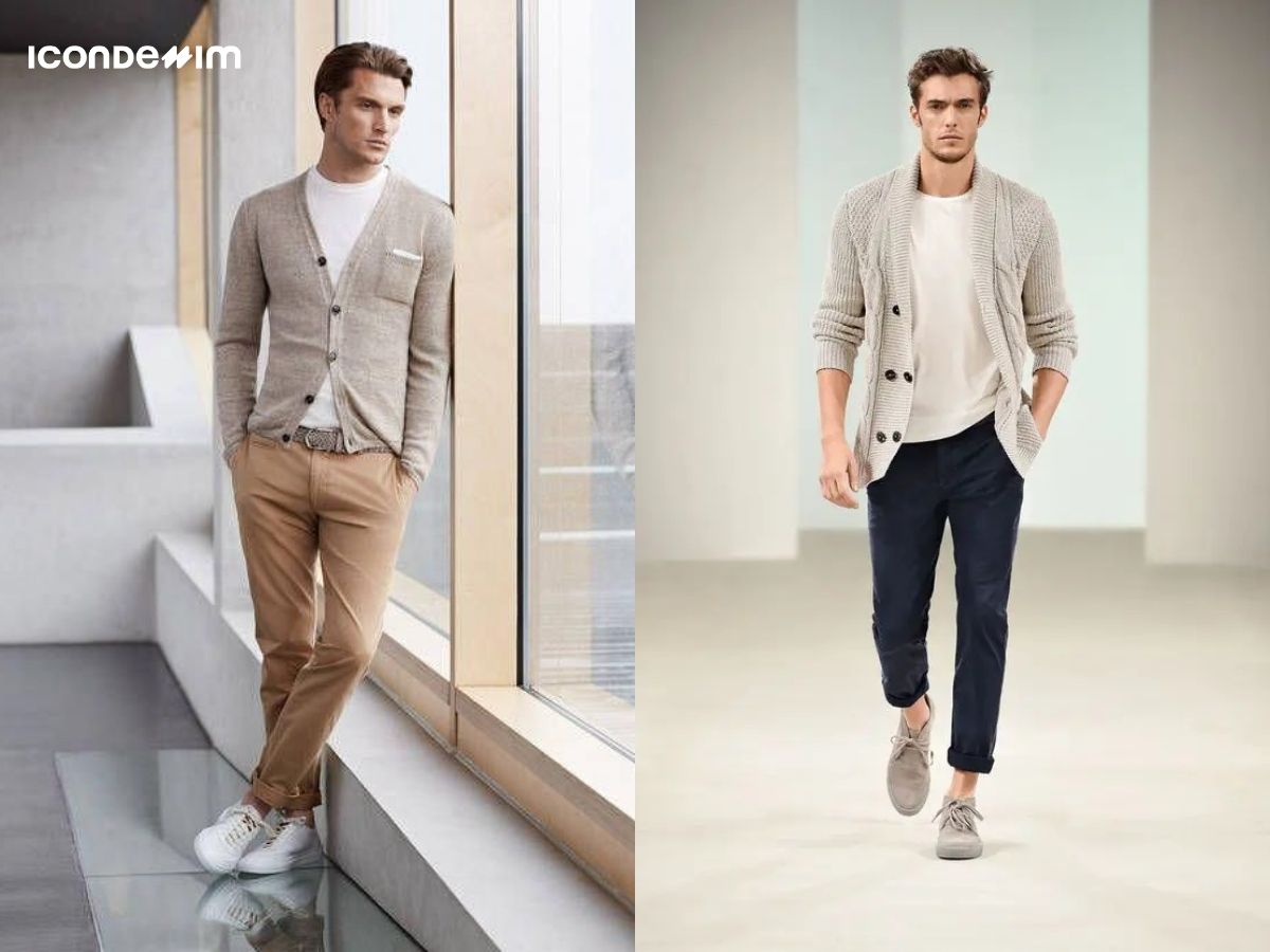 Phối áo cardigan và quần kaki cùng tông màu