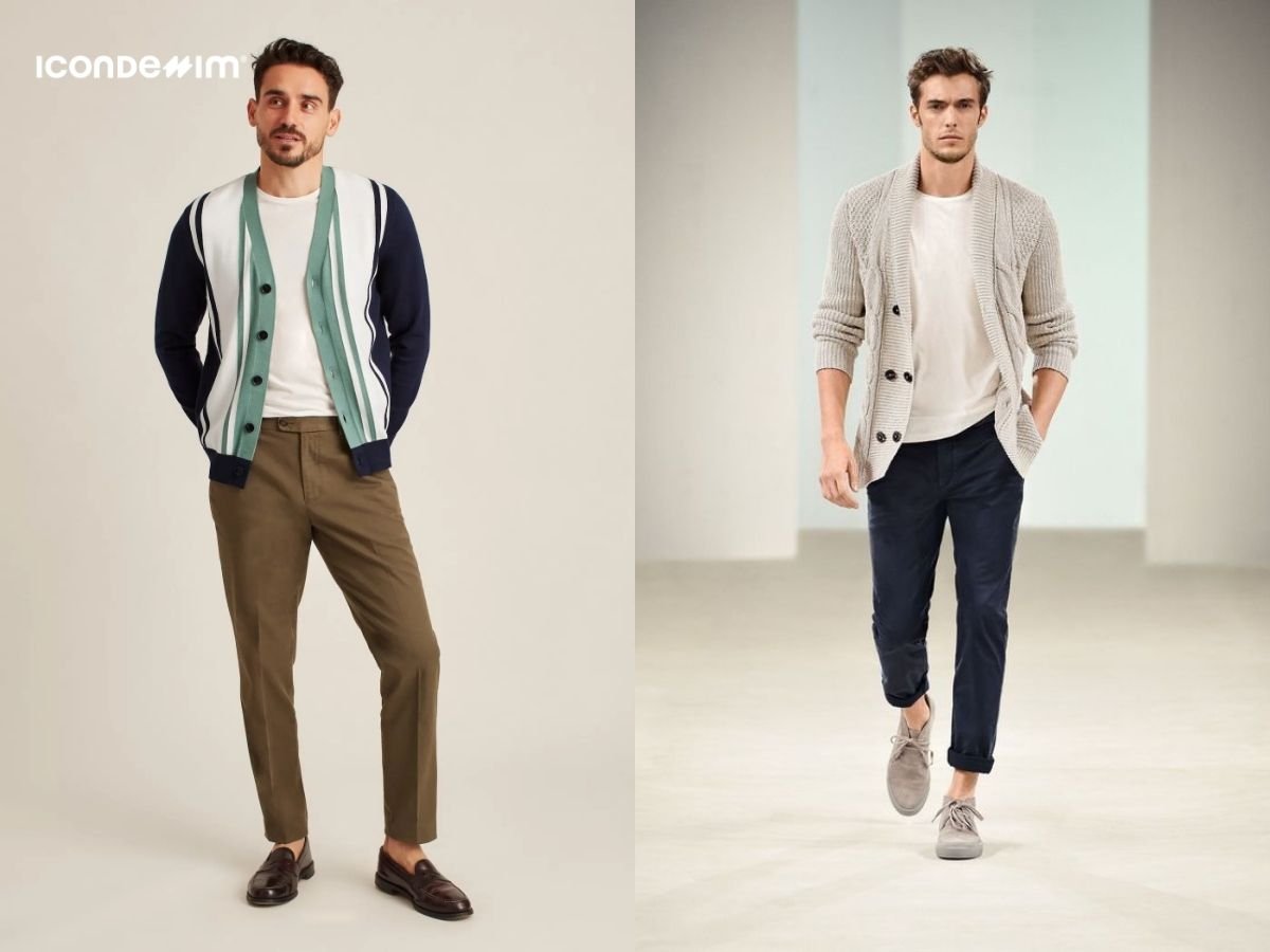 Mix áo cardigan với áo phông và quần tây tạo diện mạo chỉn chu