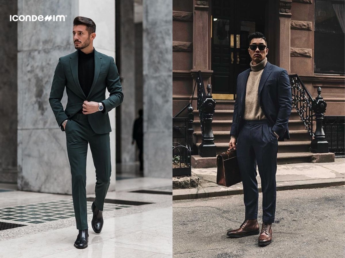 Phối đồ áo len cổ lọ nam với bộ suit