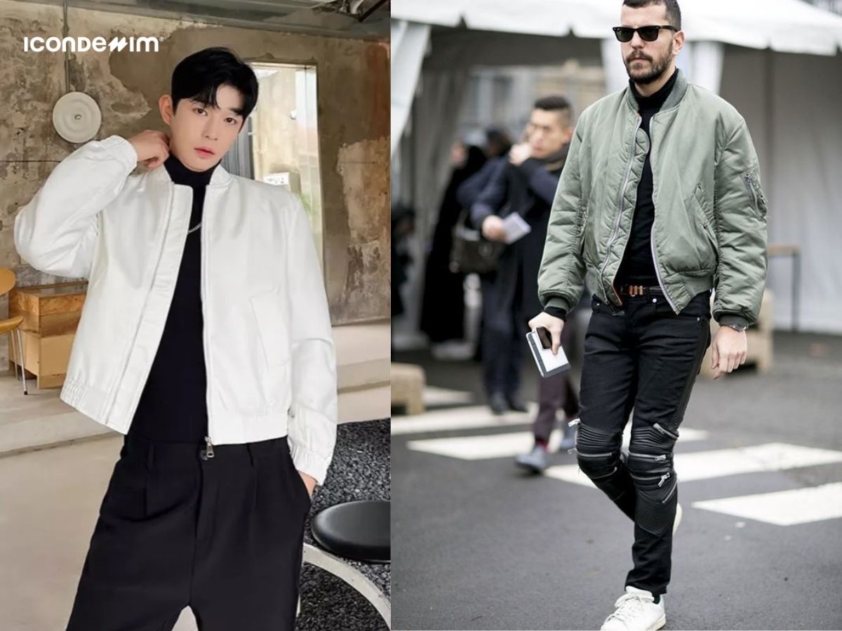 Mix áo len cổ lọ và áo khoác bomber