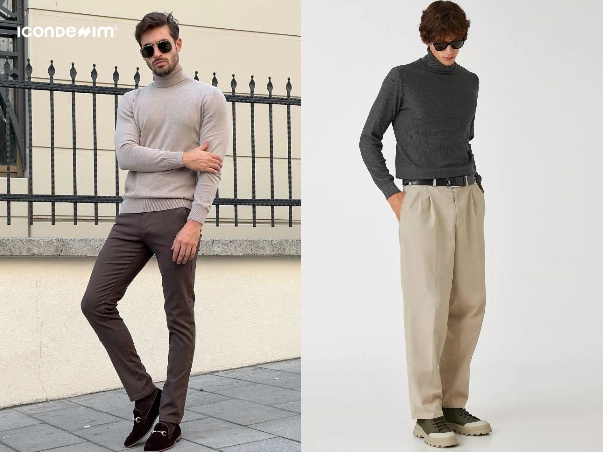 Diện áo len cổ lọ với quần trouser giúp tôn lên vẻ ngoài lịch lãm