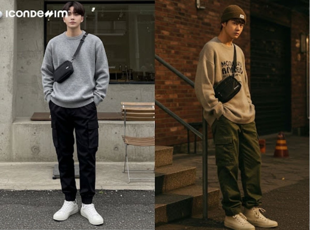 Áo sweater và quần cargo là outfit streetwear lý tưởng cho mùa thu/đông
