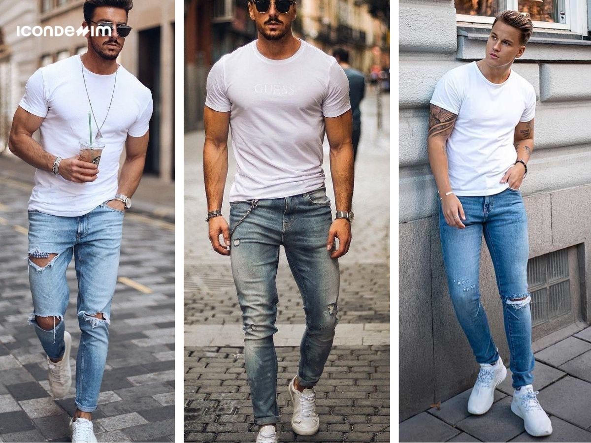 Áo thun trắng với quần jeans rách cực cool