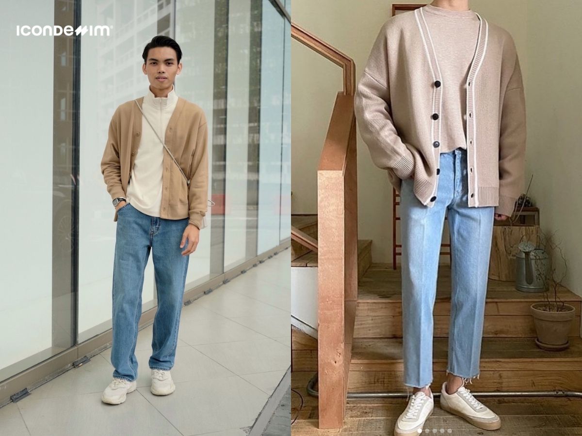 Áo cardigan mỏng và quần jeans thanh lịch