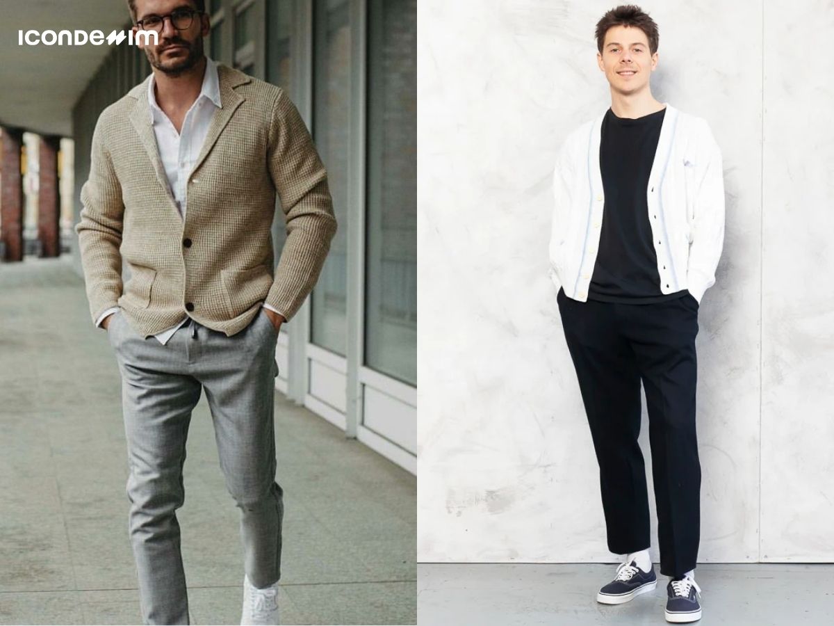 Phối đồ với áo cardigan nam, quần tây và giày thể thao