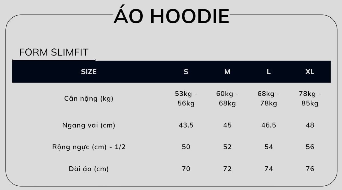 Bảng size áo hoodie