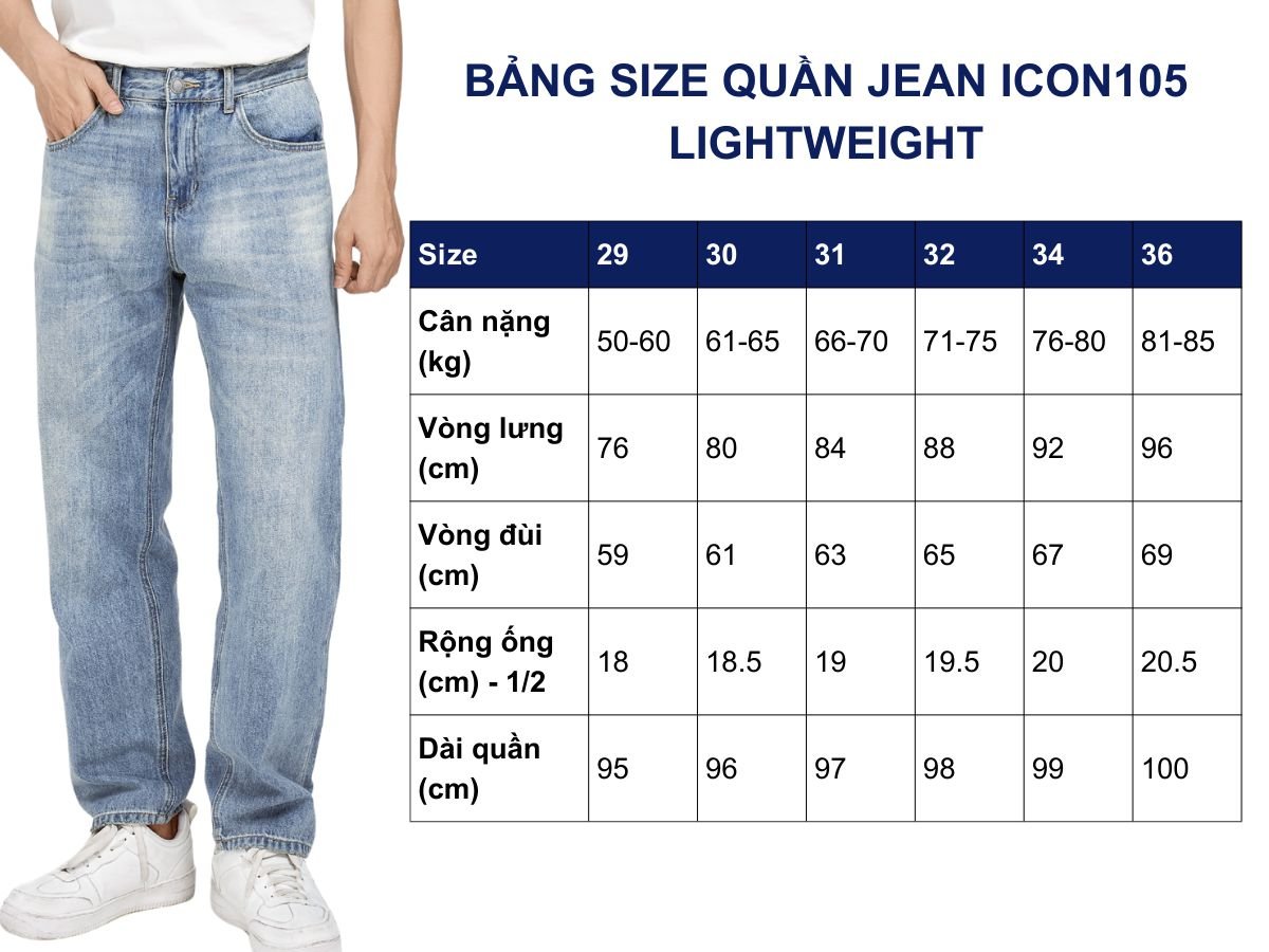 Bảng size quần jean nam lightweight
