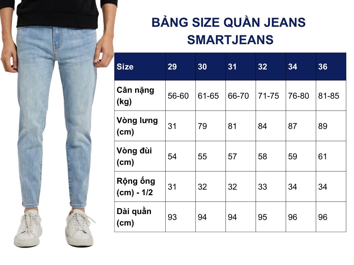 Bảng size quần jean nam smart jeans