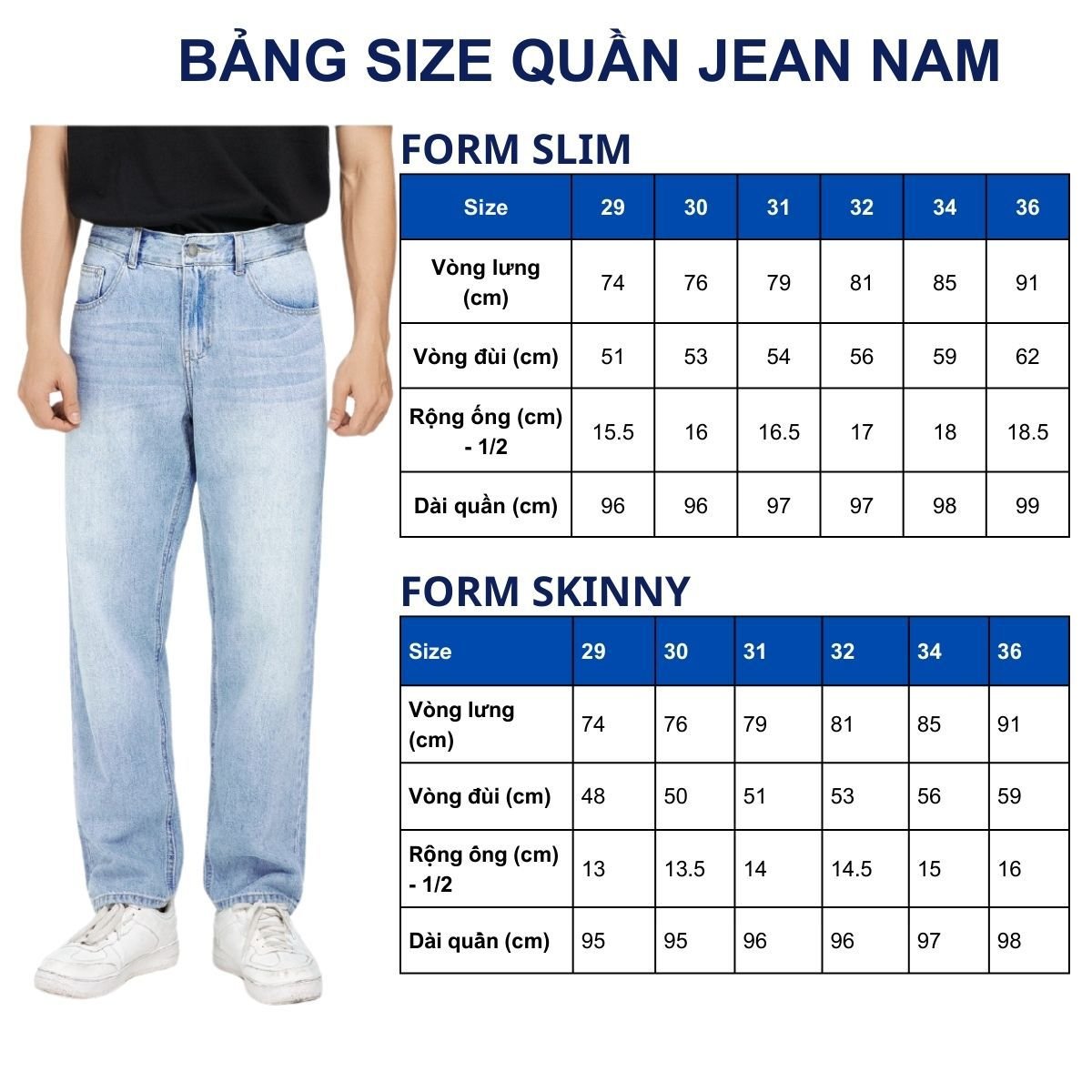 Bảng size quần jean nam