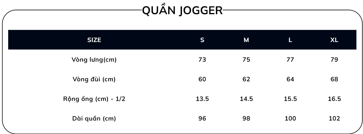 Bảng size quần jogger