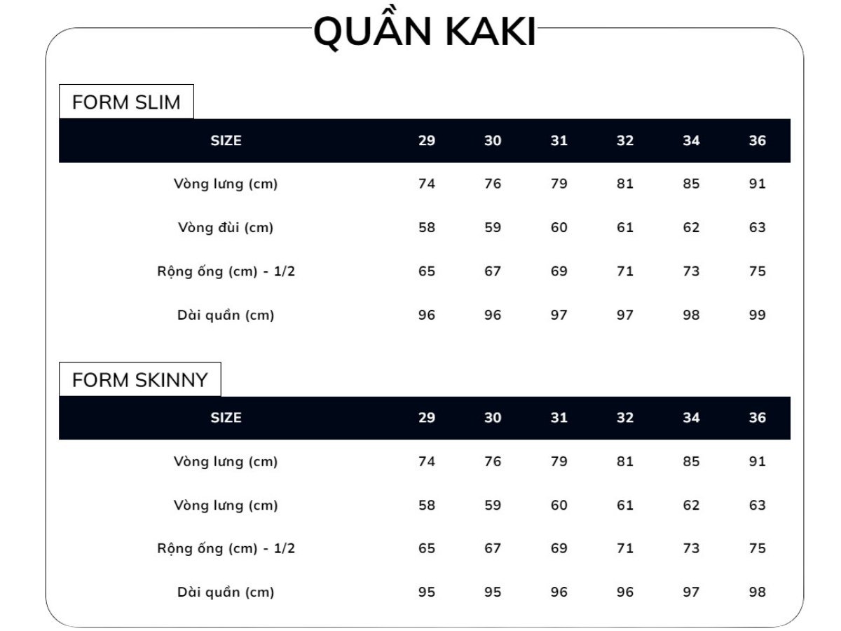 Bảng size quần kaki nam