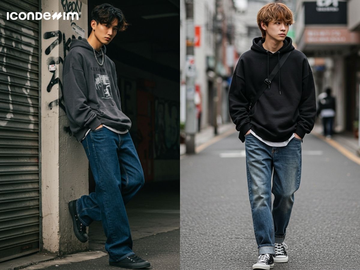 Mix áo hoodie và quần jeans ống rộng phong cách