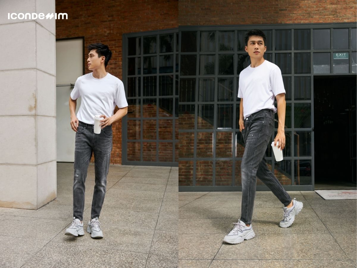 Set đồ quần jeans ống ôm vừa vặn với áo thun trắng tôn lên sự trẻ trung, tươi mới