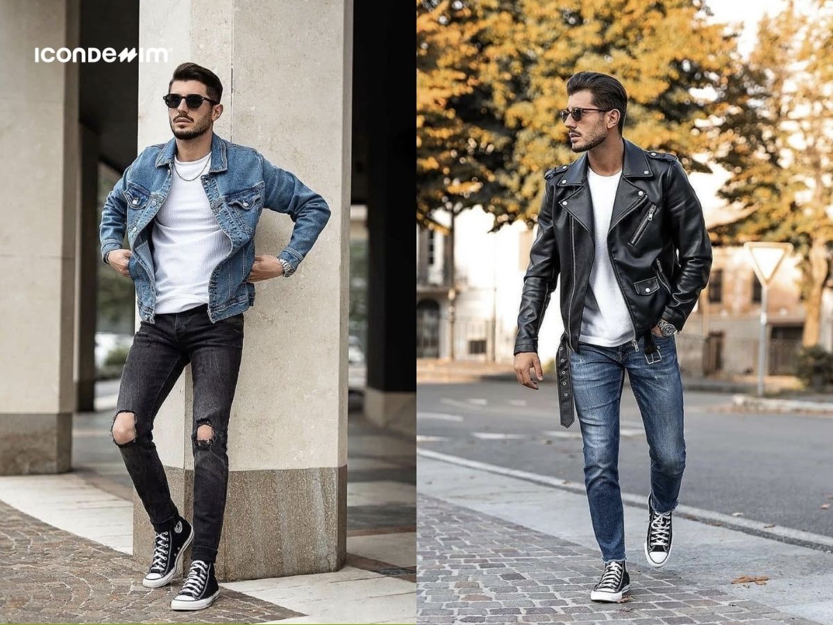 Mix đồ nam với quần jeans rách gối và giày thể thao cổ cao