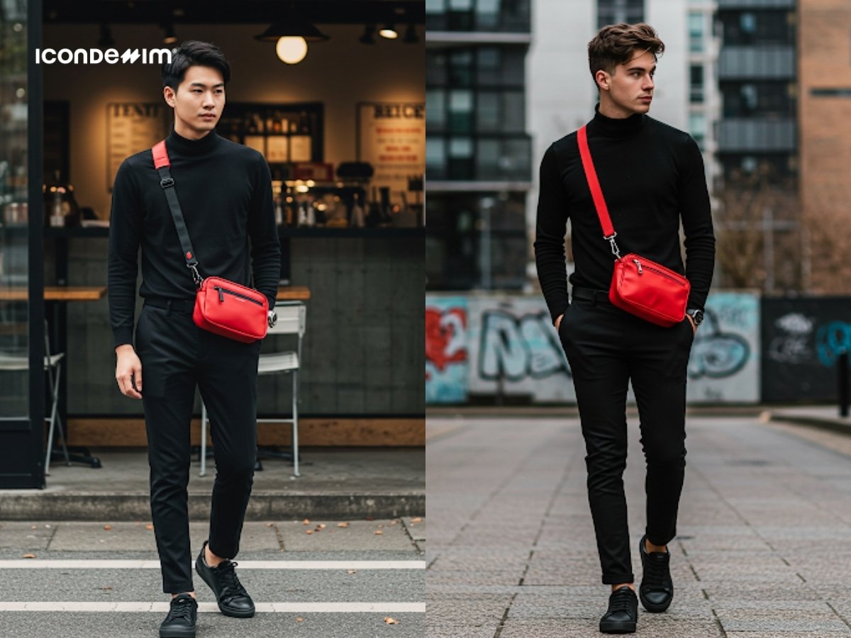 Một bộ outfit all-black sẽ trở nên sống động hơn với một chiếc túi đỏ nổi bật