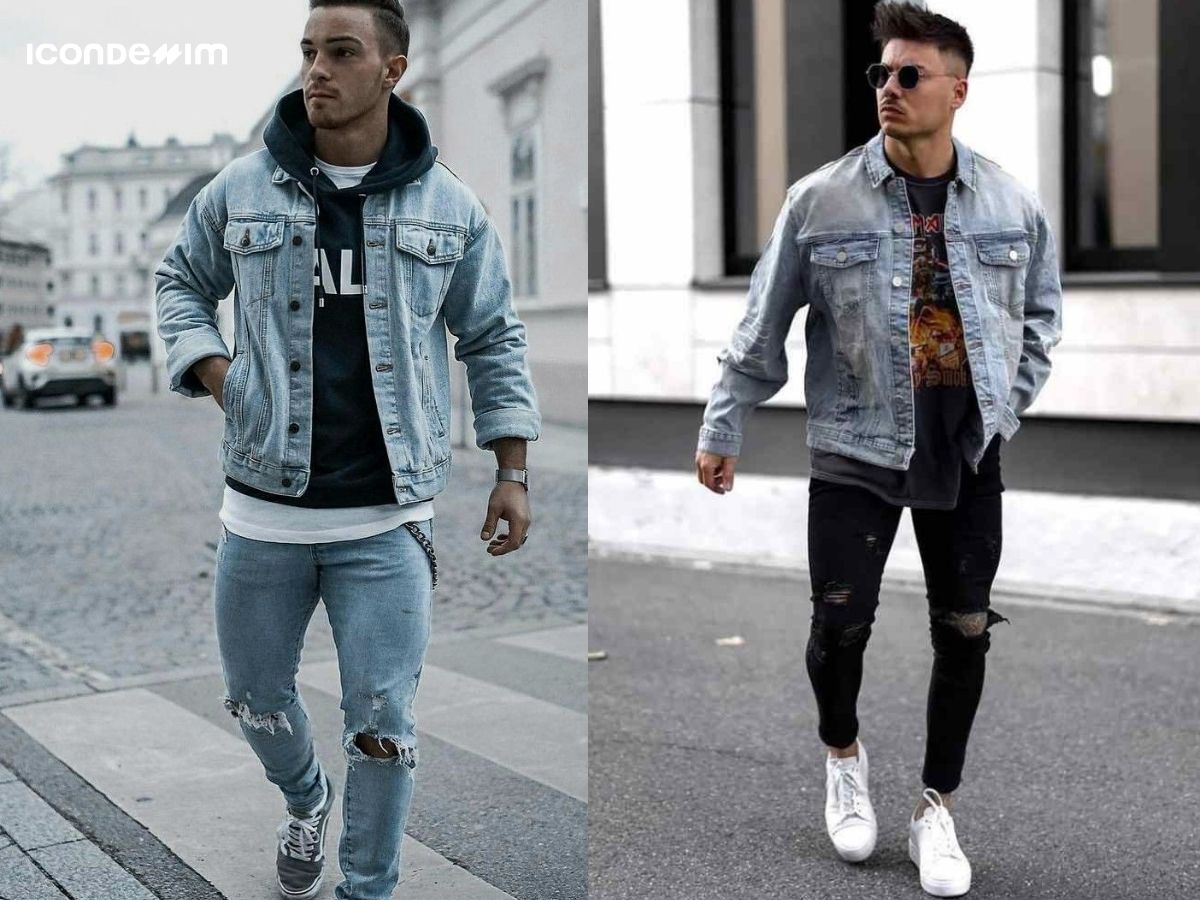 Quần jeans rách gối nam với áo khoác denim dành cho những ai yêu thích phong cách bụi bặm