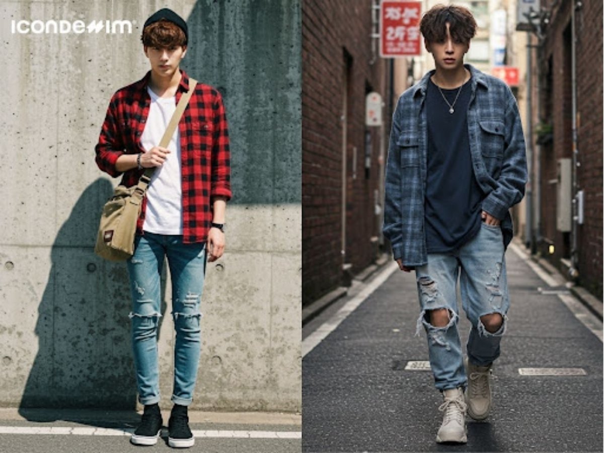 Áo sơ mi flannel, áo thun và quần jeans rách