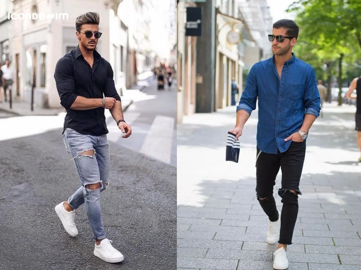 Quần jeans nam rách gối đi cùng áo sơ mi tạo sự cá tính nhưng không kém phần sang trọng