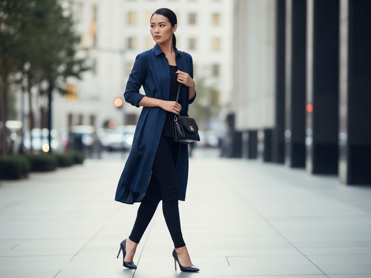Áo sơ mi xanh navy dáng dài với quần legging đen