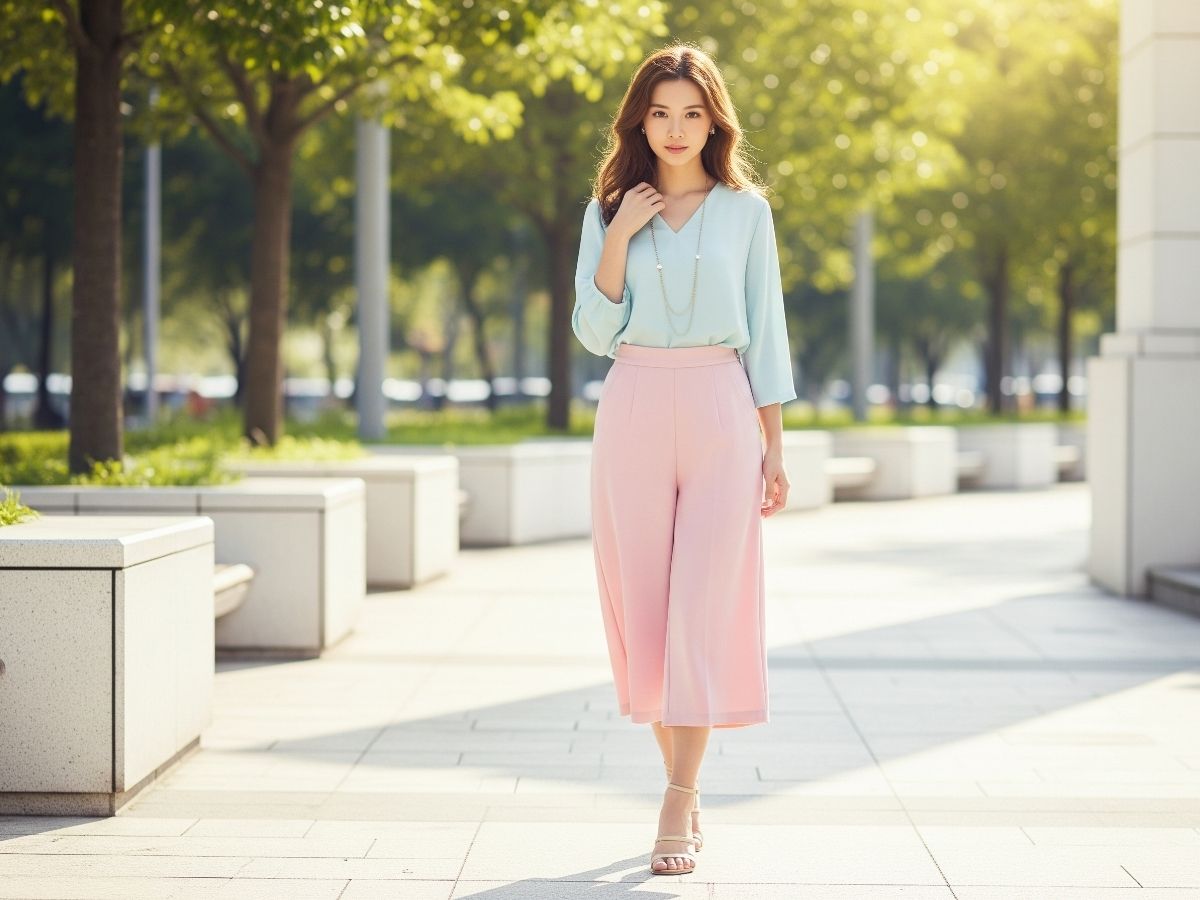 Áo blouse xanh pastel với quần culottes hồng nhạt