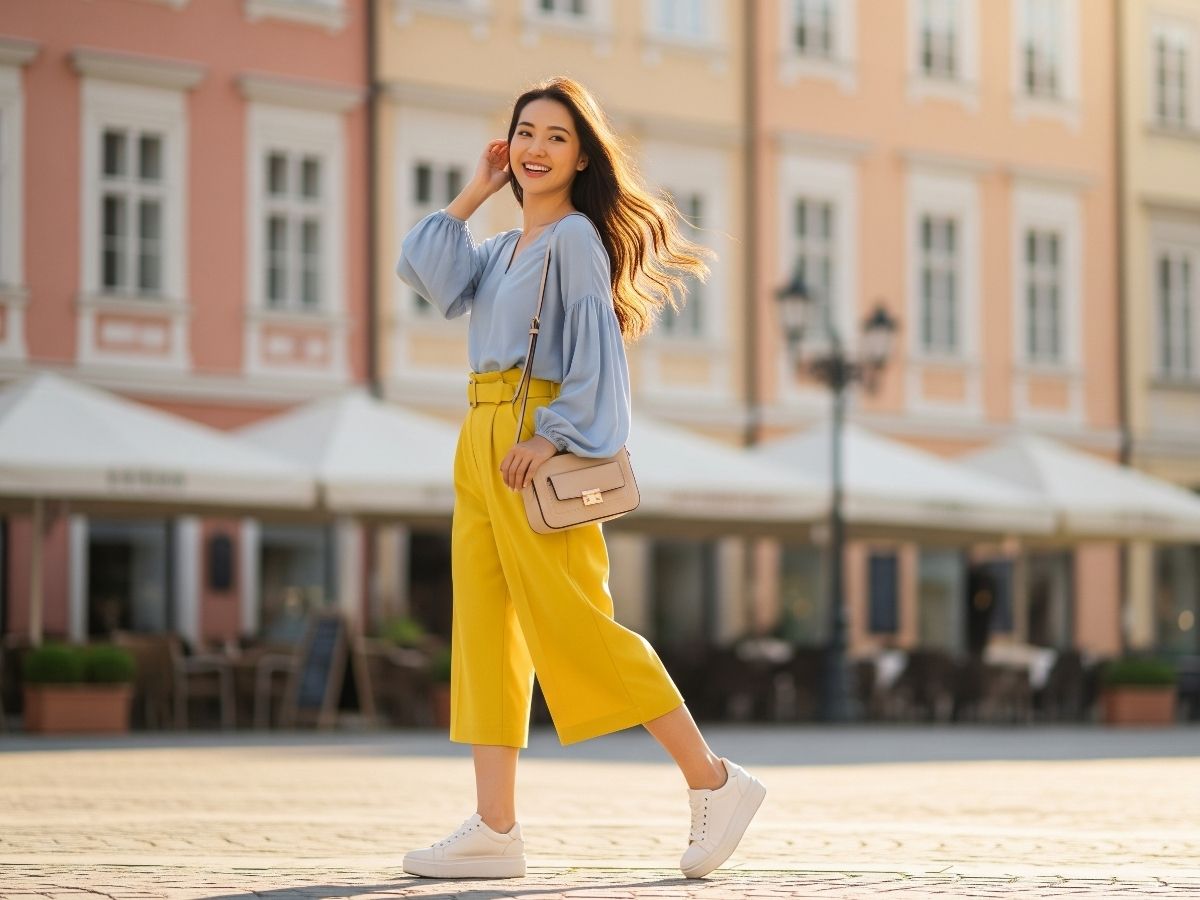 Áo sơ mi xanh Pastel với quần culottes vàng sáng