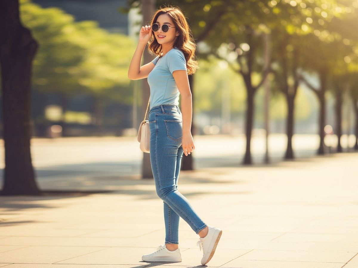 Phối đồ nữ áo thun xanh pastel với quần jeans skinny denim