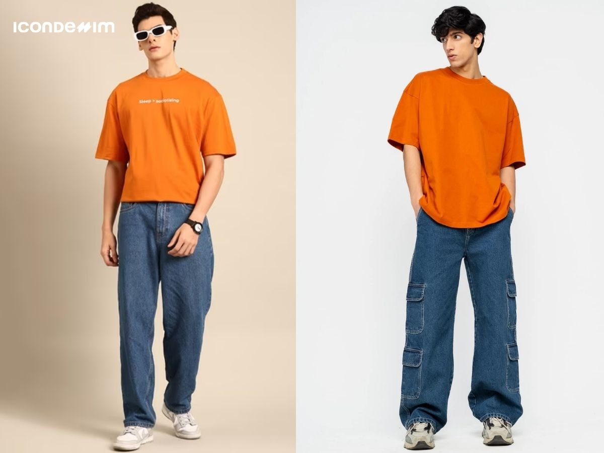 Quần jeans ống rộng phối với áo thun oversize với các gam màu tương phản cực chất