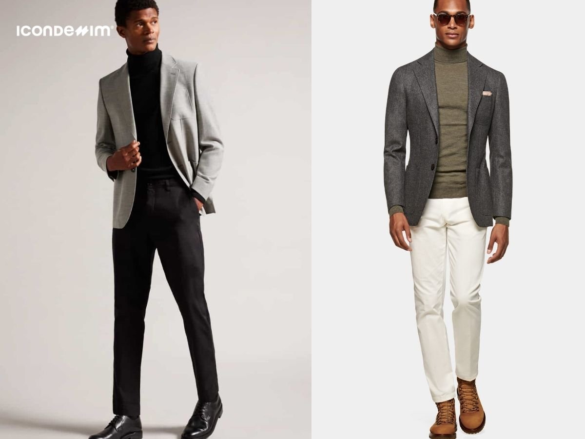 Áo len cổ lọ phối áo blazer và quần âu cực nam tính, cuốn hút