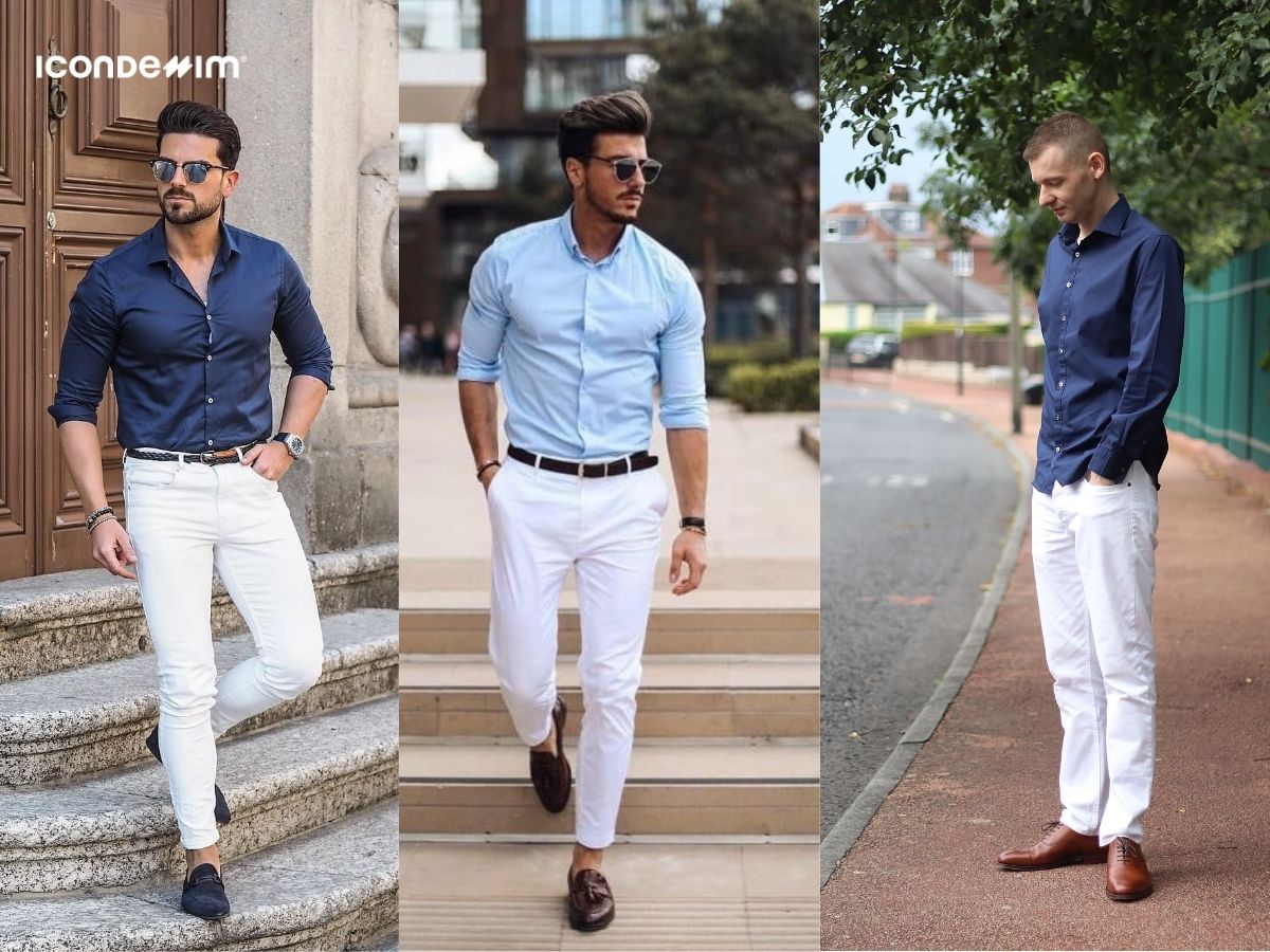 Phối quần jeans trắng phối với áo sơ mi tôn lên vóc dáng cuốn hút