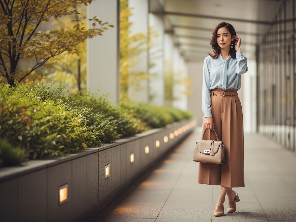 Áo blouse xanh pastel với quần ống suông màu nâu nhạt